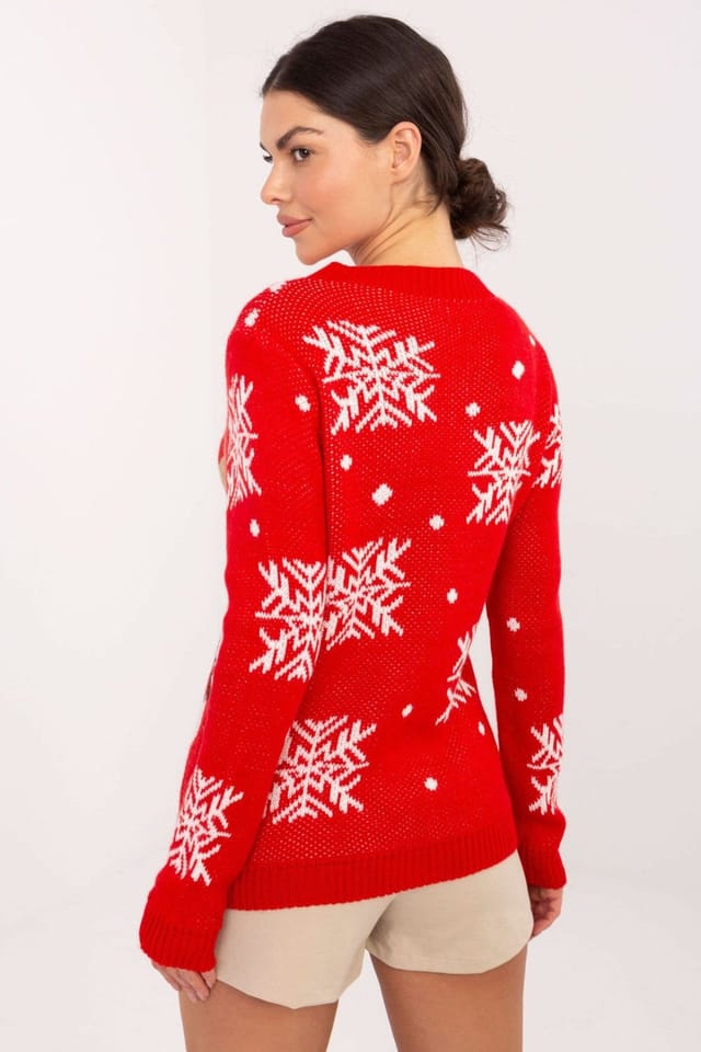 Love Lace Love Lace Women's Soft Acrylic Snowflake Print Casual Sweater in Red - 3