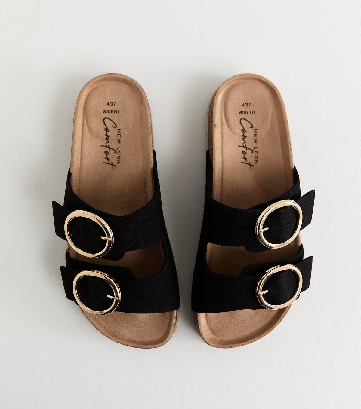 New Look Women's Wide Fit Black Faux Suede Round Buckle Sandals Vegan New Look