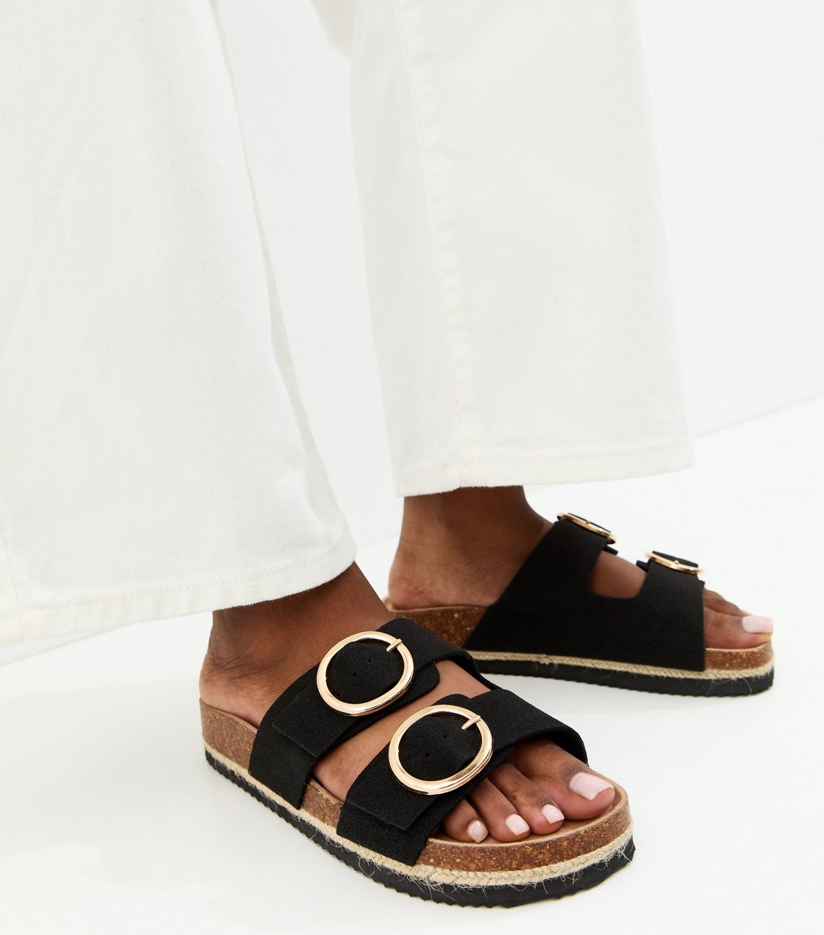 New Look Women's Wide Fit Black Faux Suede Round Buckle Sandals Vegan New Look - 2