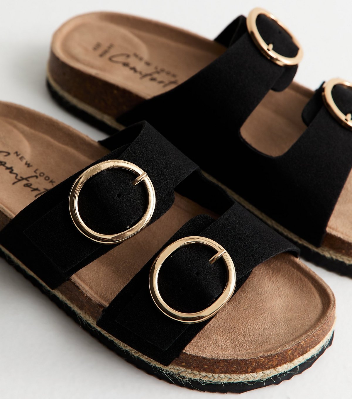 New Look Women's Wide Fit Black Faux Suede Round Buckle Sandals Vegan New Look - 3