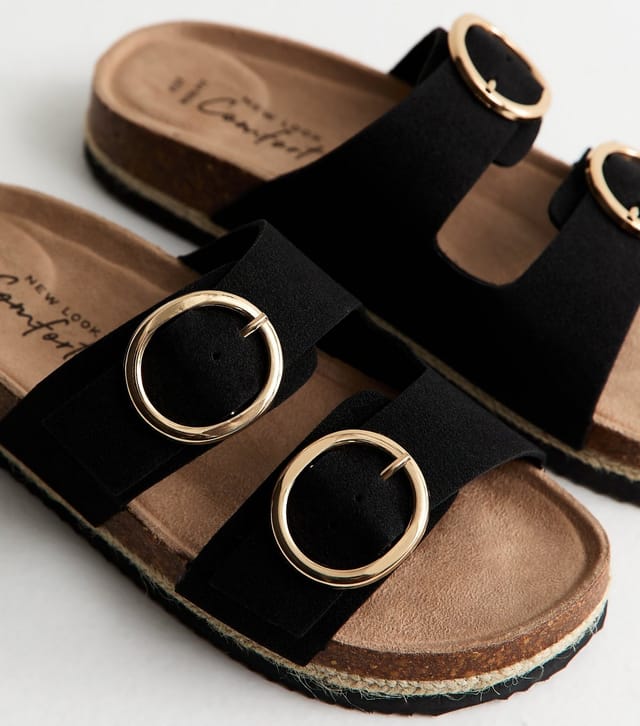 New Look Women's Wide Fit Black Faux Suede Round Buckle Sandals Vegan New Look - 3