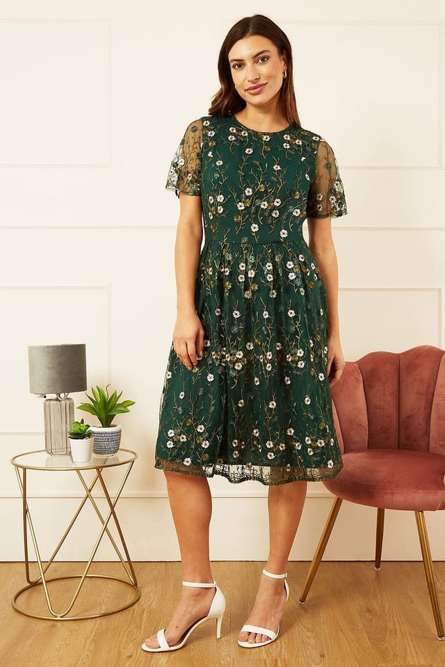 Yumi Yumi Women's Green Embroidered Floral Skater Dress - 3
