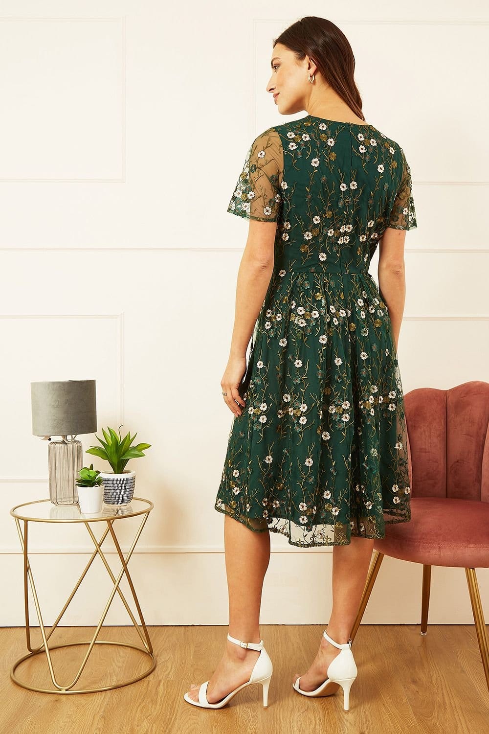 Yumi Yumi Women's Green Embroidered Floral Skater Dress - 4