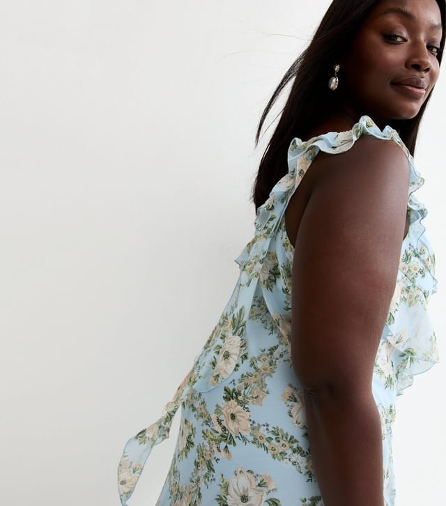 New Look Women's Plus Size Light Blue Floral Chiffon Ruffle Midi Dress Curves New Look - 2