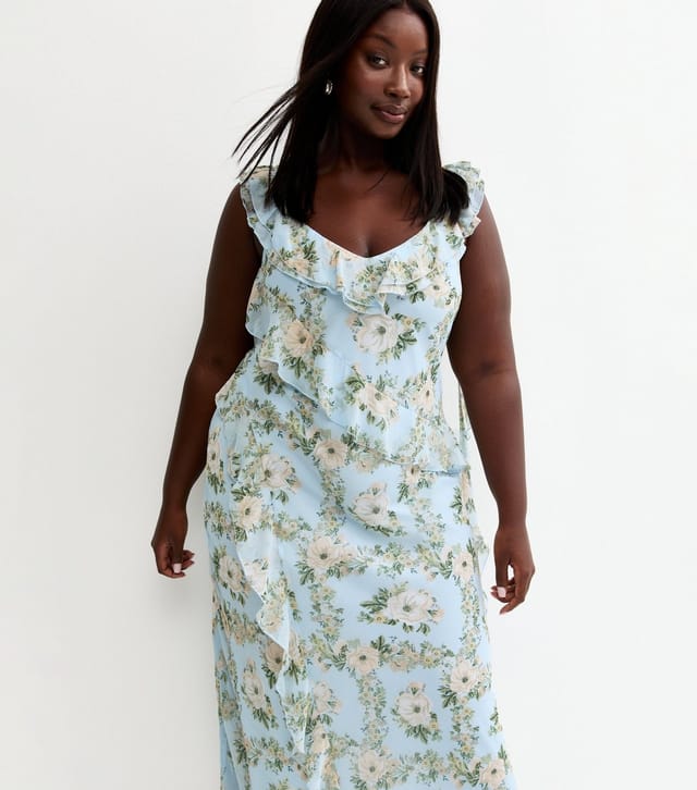 New Look Women's Plus Size Light Blue Floral Chiffon Ruffle Midi Dress Curves New Look - 3