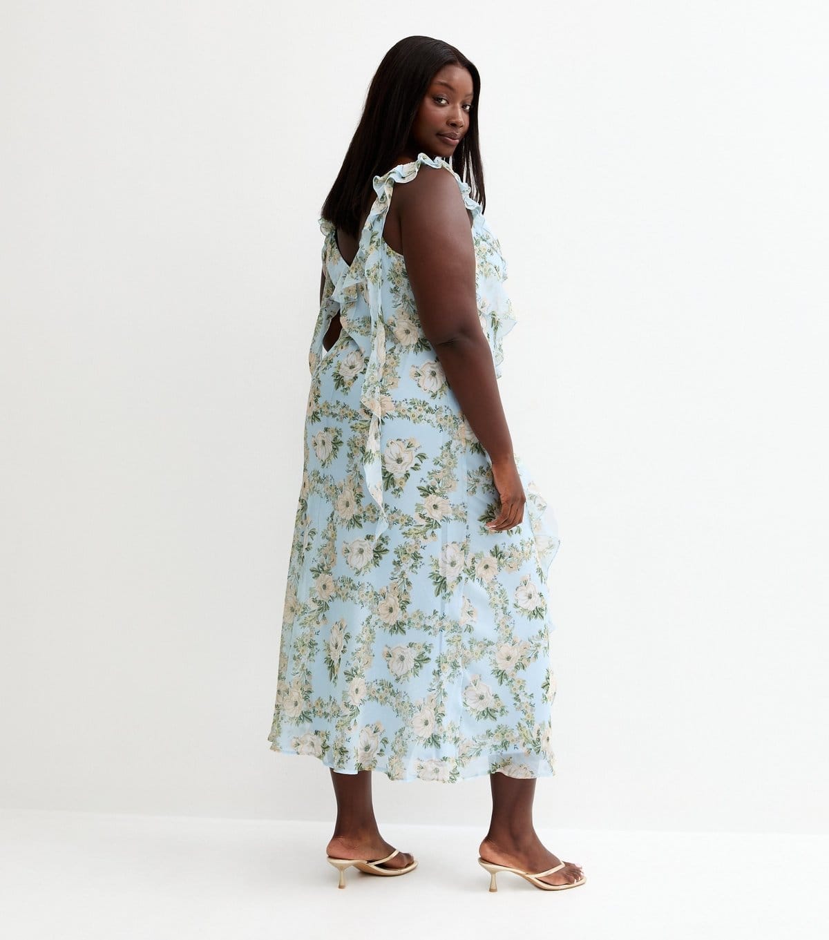 New Look Women's Plus Size Light Blue Floral Chiffon Ruffle Midi Dress Curves New Look - 4