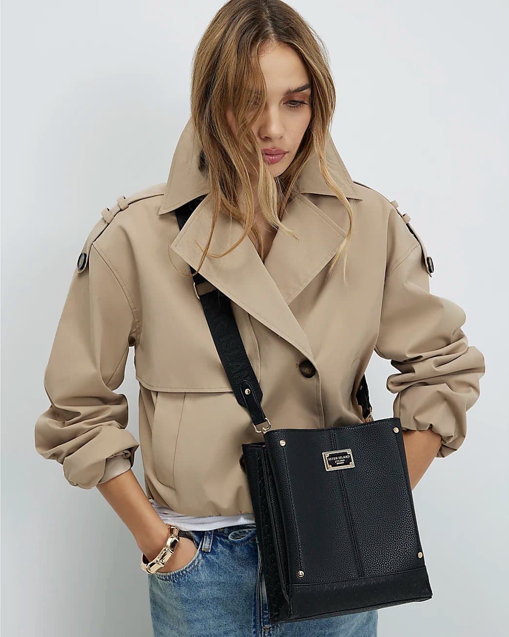 River Island River Island Womens Black Monogram Panelled Messenger Bag