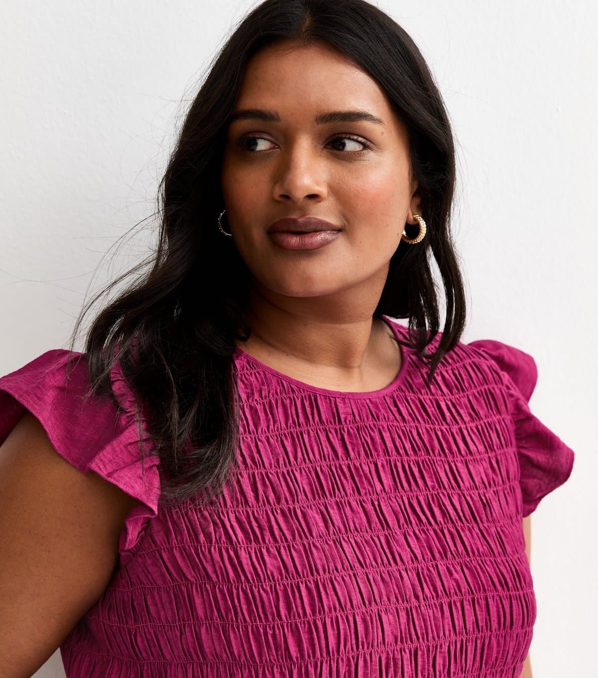 New Look Women's Plus Size Dark Pink Shirred Frill Sleeve Top Curves New Look