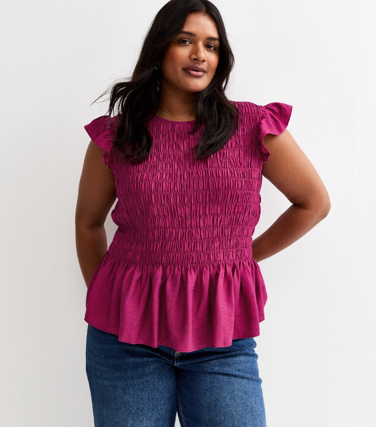 New Look Women's Plus Size Dark Pink Shirred Frill Sleeve Top Curves New Look - 2