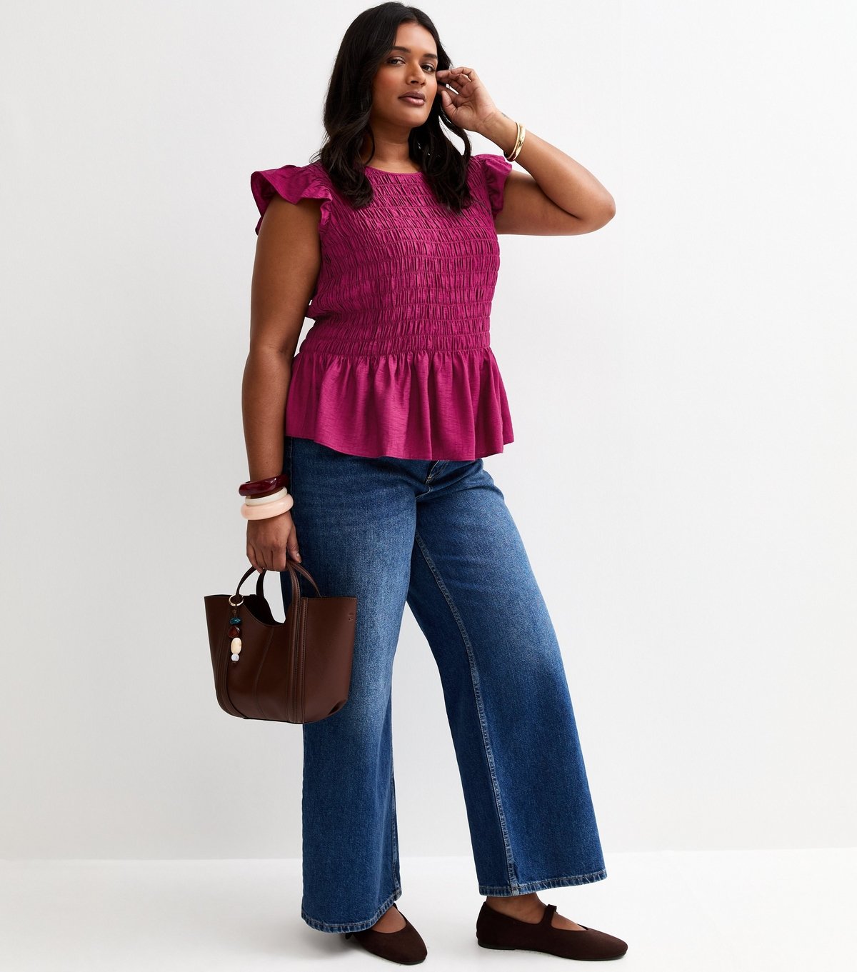 New Look Women's Plus Size Dark Pink Shirred Frill Sleeve Top Curves New Look - 3