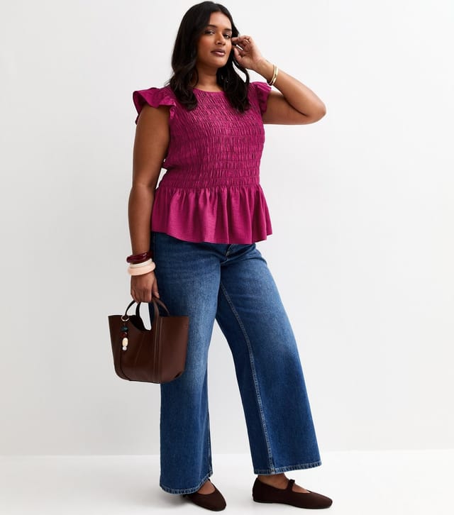 New Look Women's Plus Size Dark Pink Shirred Frill Sleeve Top Curves New Look - 3