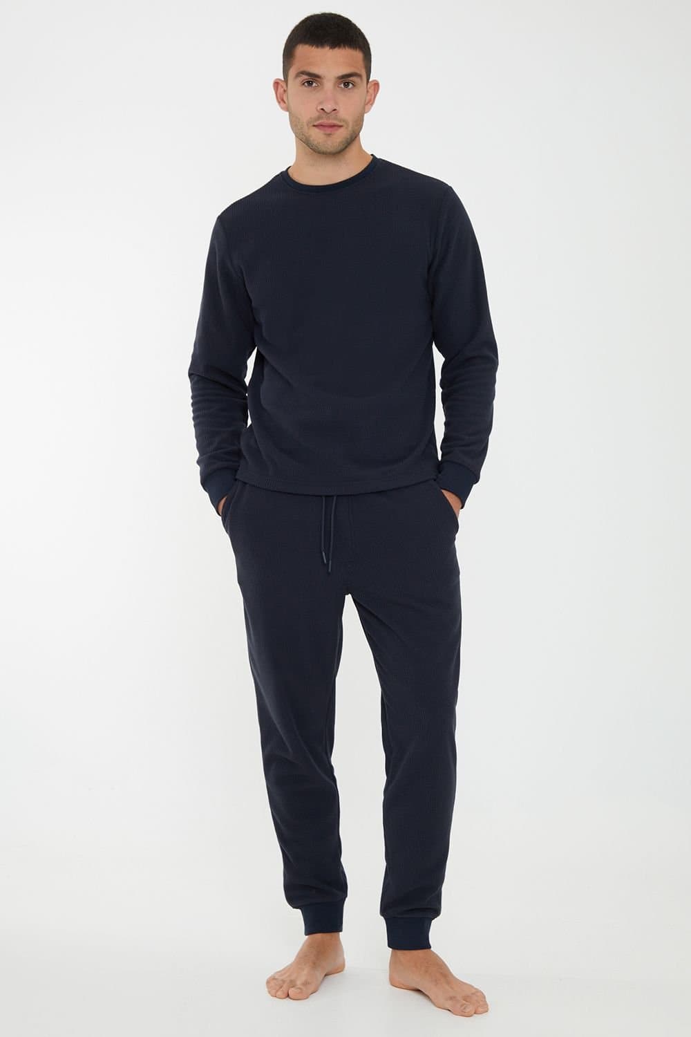 Threadbare Threadbare Men's 'Fentun' Waffle Textured Fleece Loungewear Set in Navy