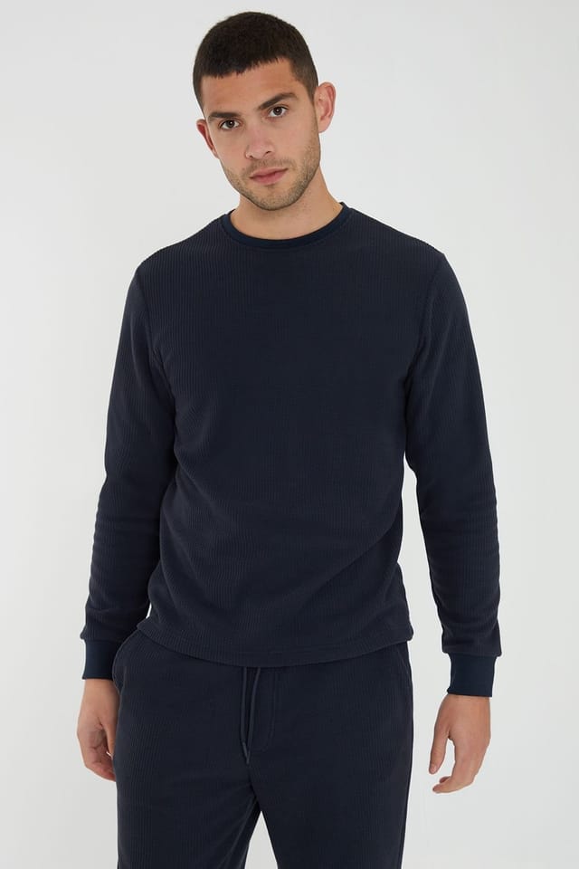 Threadbare Threadbare Men's 'Fentun' Waffle Textured Fleece Loungewear Set in Navy - 3