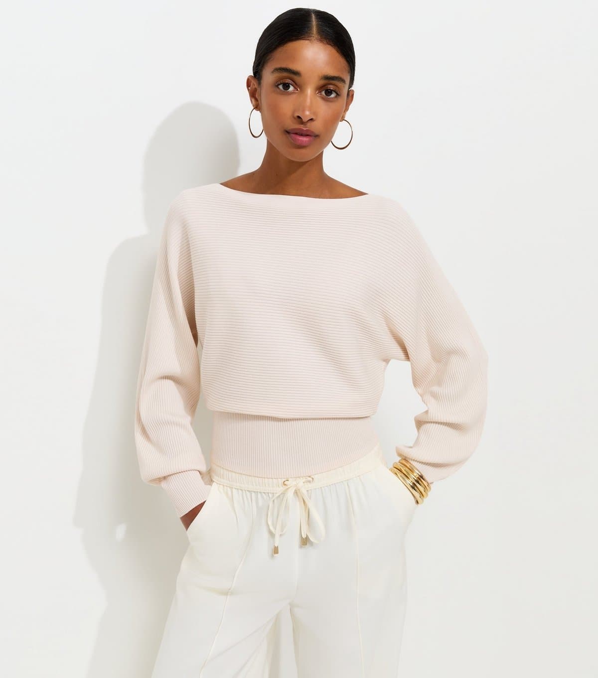 New Look Women's Cream Lightweight Ribbed Knit Slash Neck Batwing Jumper New Look