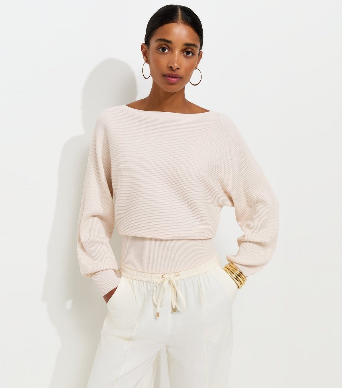 Women's Cream Lightweight Ribbed Knit Slash Neck Batwing Jumper New Look