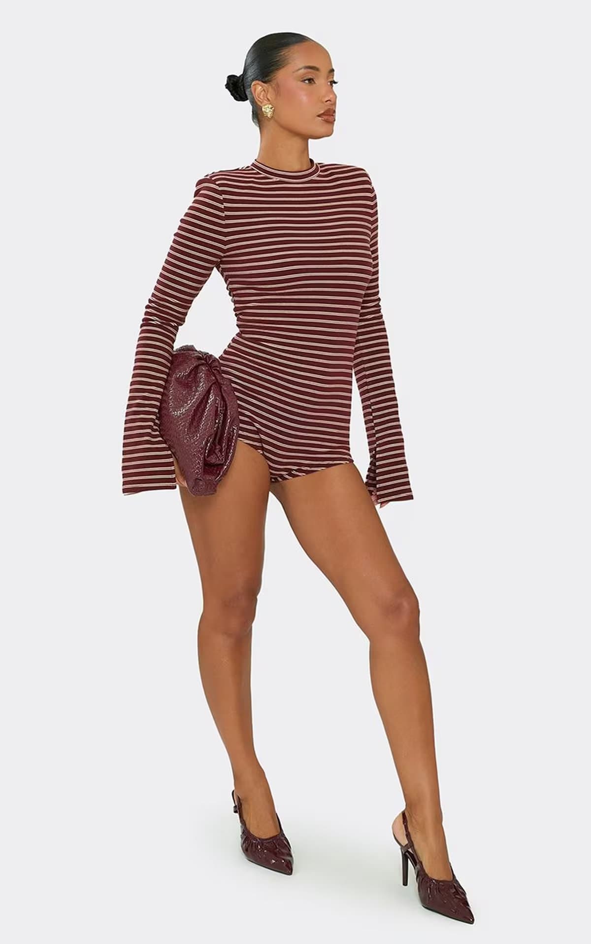 EGO Long Sleeve Shoulder Padded Micro Playsuit In Burgundy Soft Stripe, Women's Size UK 6