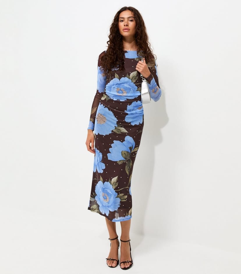 New Look Women's Blue Mesh Floral Ruched Long Sleeve Midi Dress New Look - 1