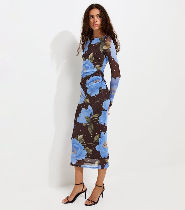 New Look Women's Blue Mesh Floral Ruched Long Sleeve Midi Dress New Look - 3