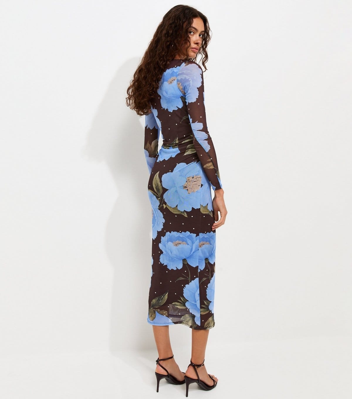 New Look Women's Blue Mesh Floral Ruched Long Sleeve Midi Dress New Look - 4