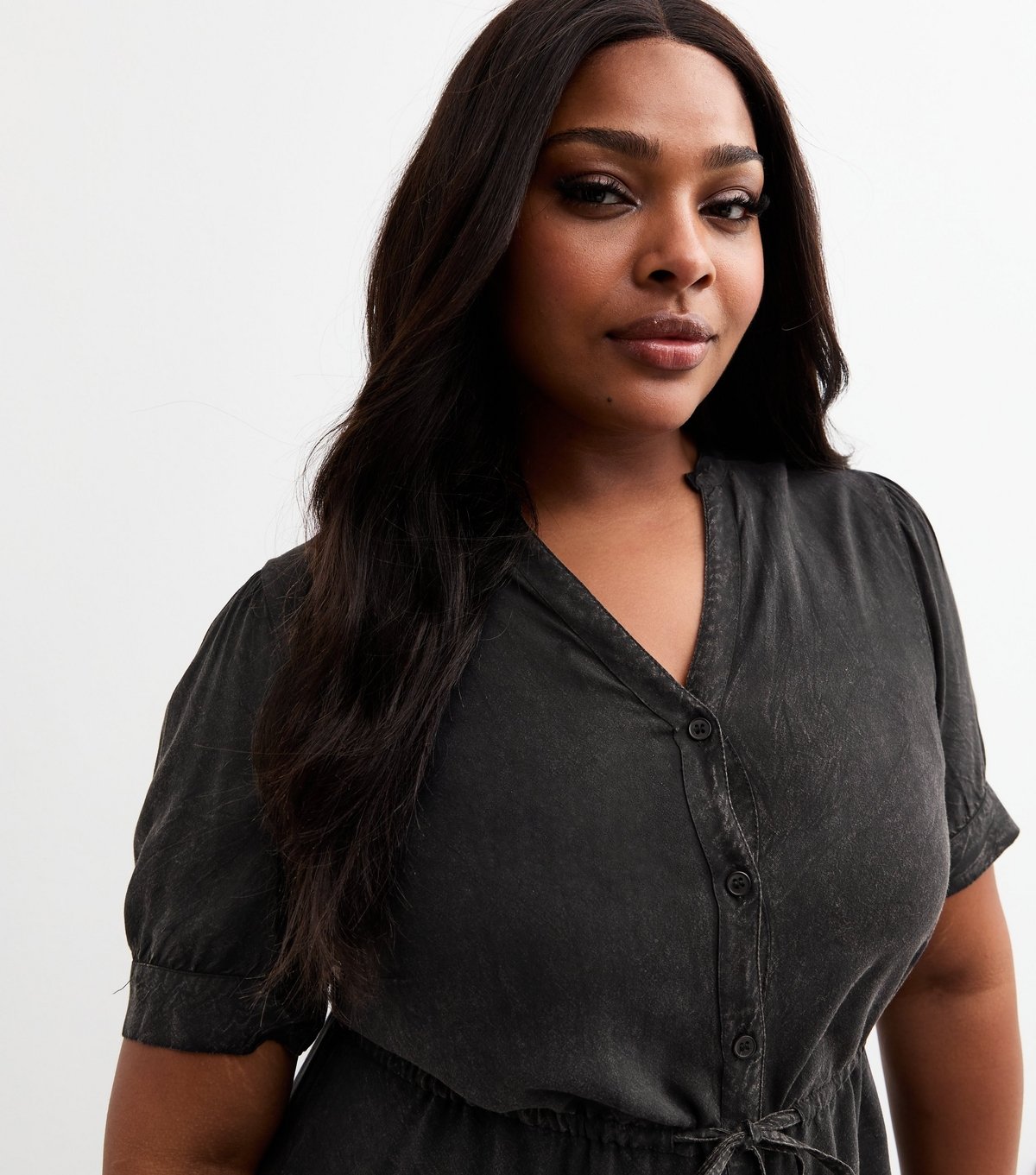 New Look Women's Plus Size Black Denim V Neck Short Sleeve Front Tie Mini Dress Curves New Look - 2