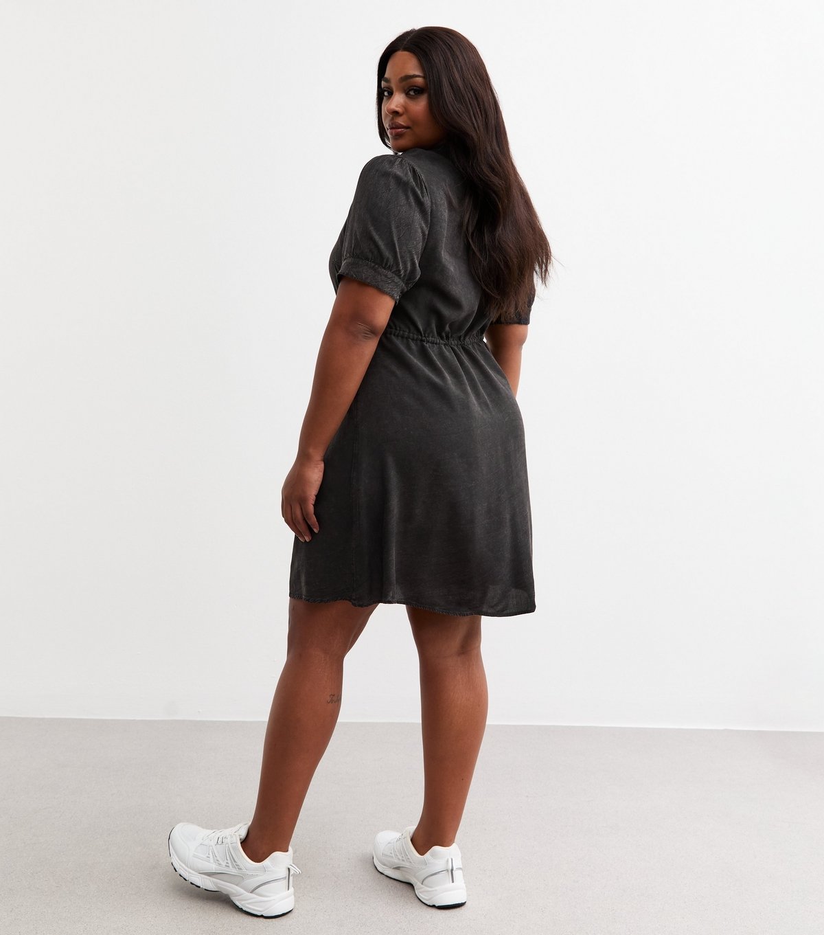 New Look Women's Plus Size Black Denim V Neck Short Sleeve Front Tie Mini Dress Curves New Look - 4