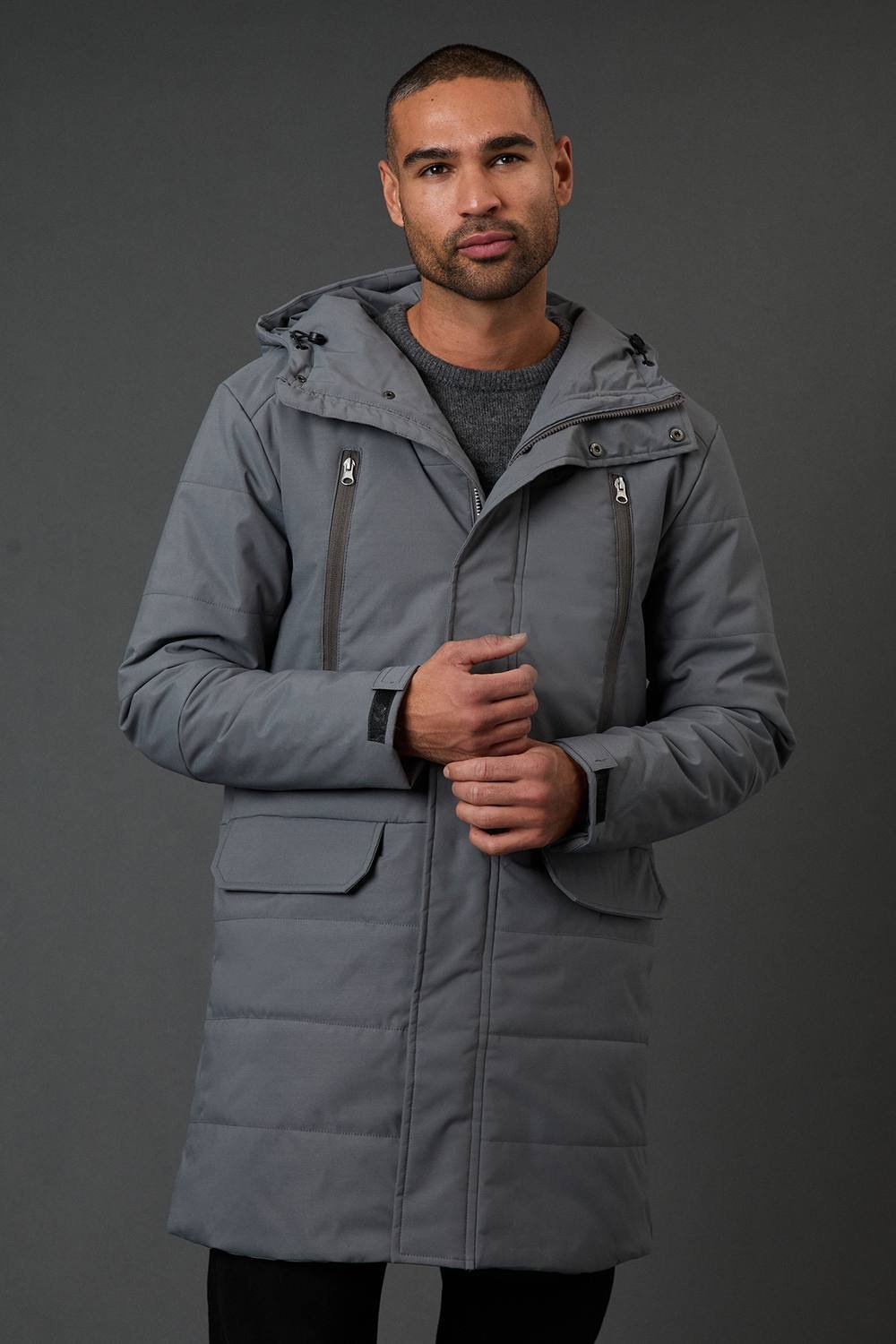 Burton Burton Men's Grey Quilted Long Coat in Dark Grey - 2