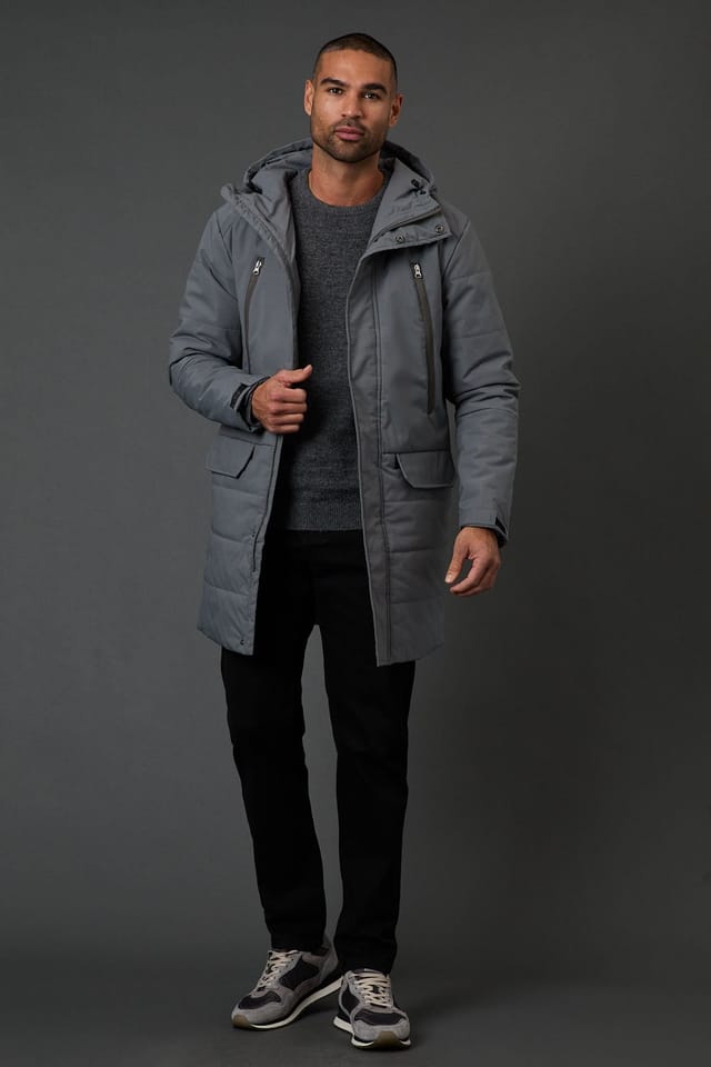 Burton Burton Men's Grey Quilted Long Coat in Dark Grey - 2