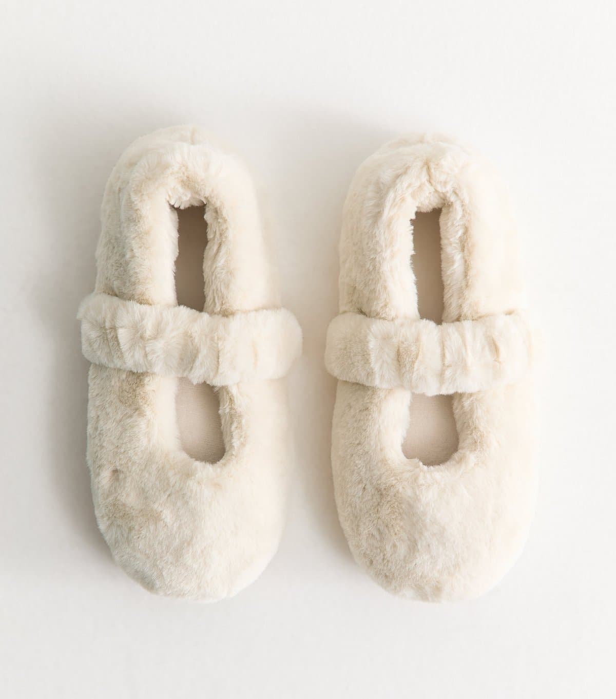 New Look New Look Off White Faux Fur Mary Jane Ballet Slippers