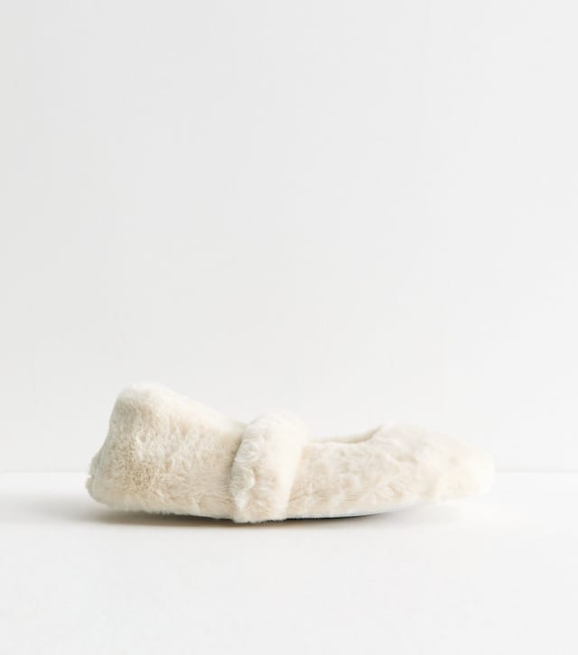 New Look Women's Off White Faux Fur Mary Jane Ballet Slippers Vegan New Look - 3