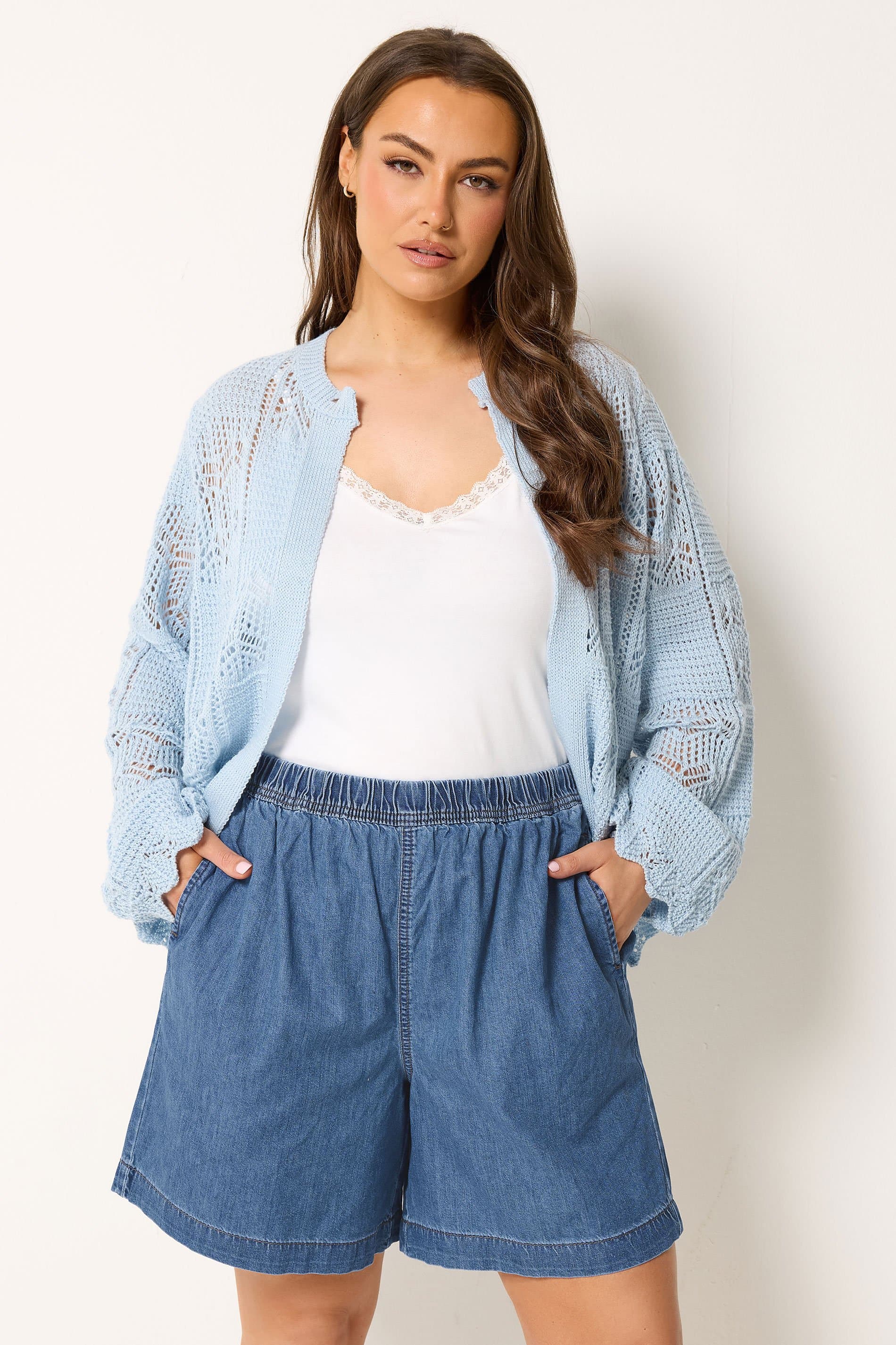 Yours Plus Size Mid Blue Elasticated Denim Shorts