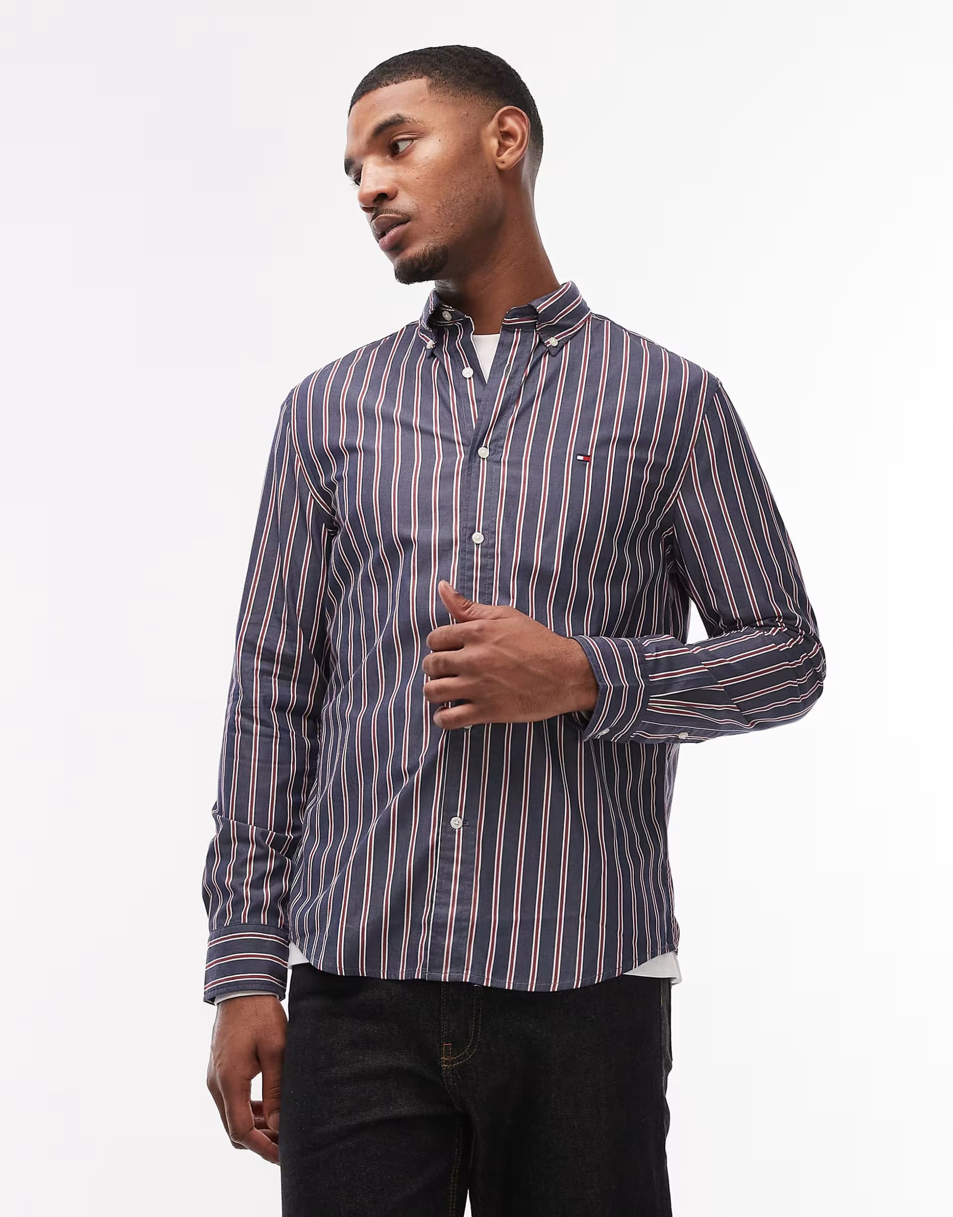 ASOS Tommy Hilfiger Striped Flex Poplin Shirt in Navy