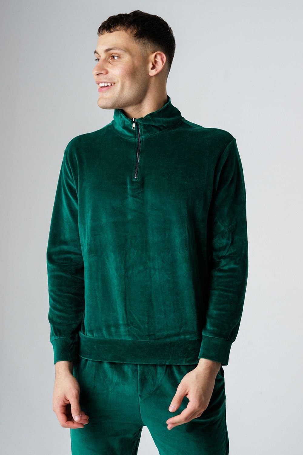 Influence Influence Men's Velour Half Zip Funnel Neck Sweatshirt & Jogger Tracksuit in Green