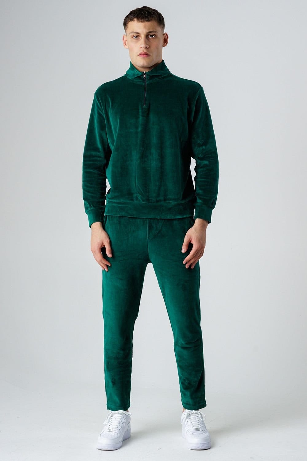 Influence Influence Men's Velour Half Zip Funnel Neck Sweatshirt & Jogger Tracksuit in Green - 4