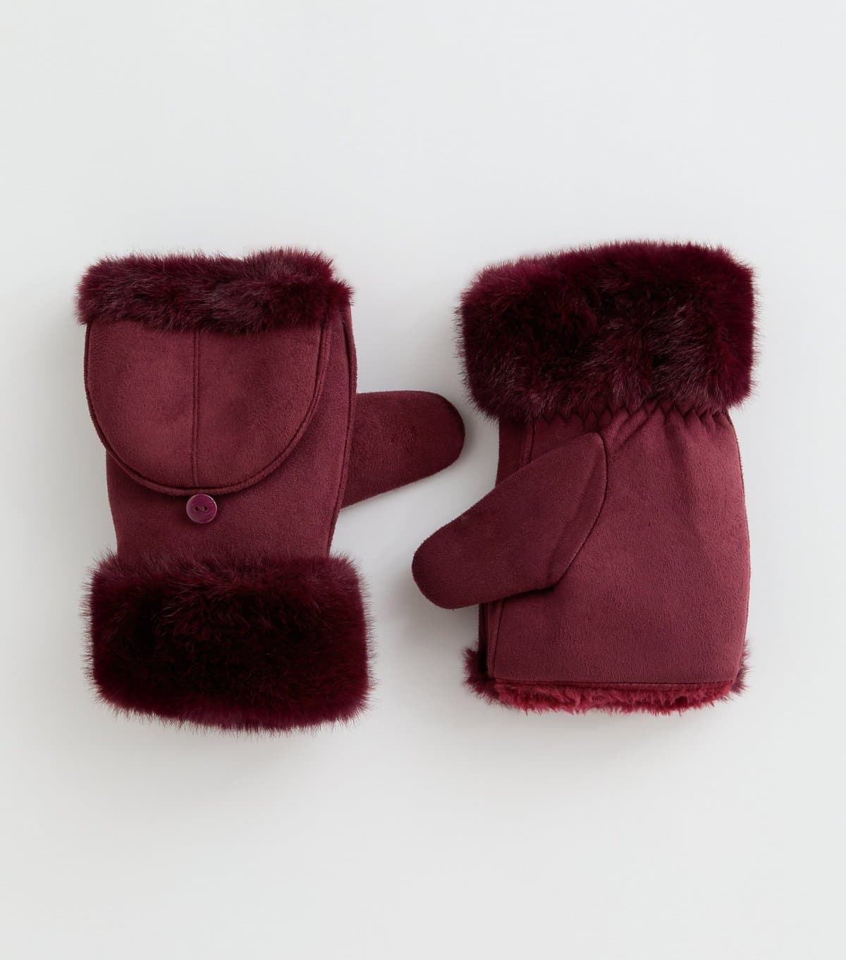 New Look New Look Burgundy Faux Suede Flip Top Mittens
