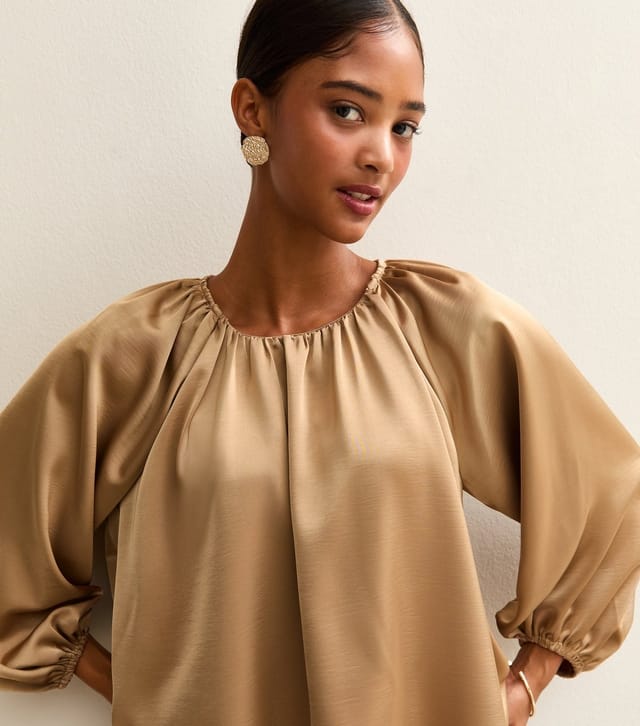 New Look Women's Gold Satin Gathered Crop Sleeve Blouse New Look - 2