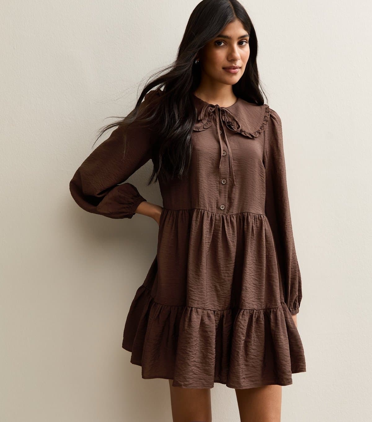 New Look Women's Brown Oversized Collar Mini Smock Dress New Look