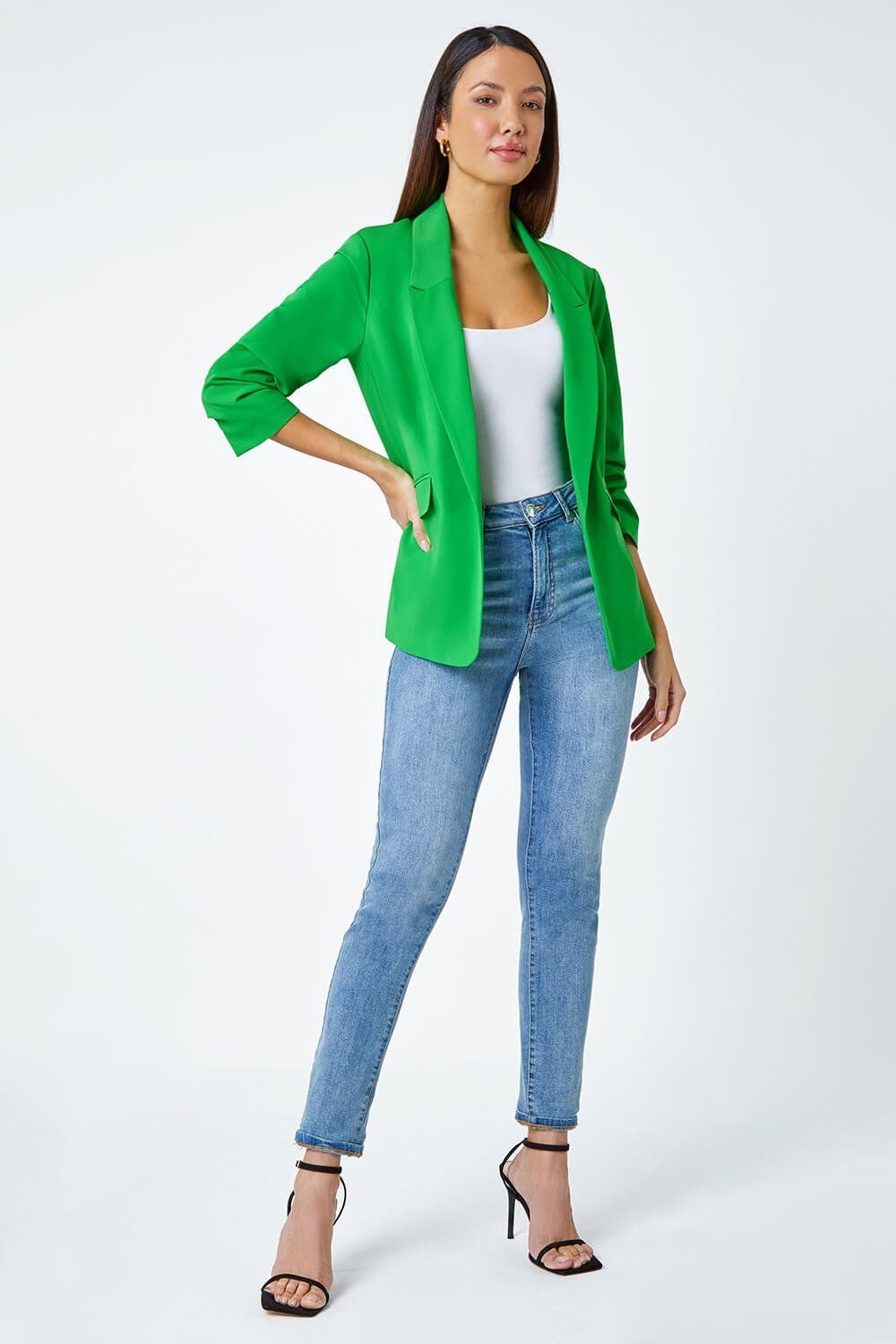 Roman Roman Women's Ruched Sleeve Stretch Blazer in Green - 2