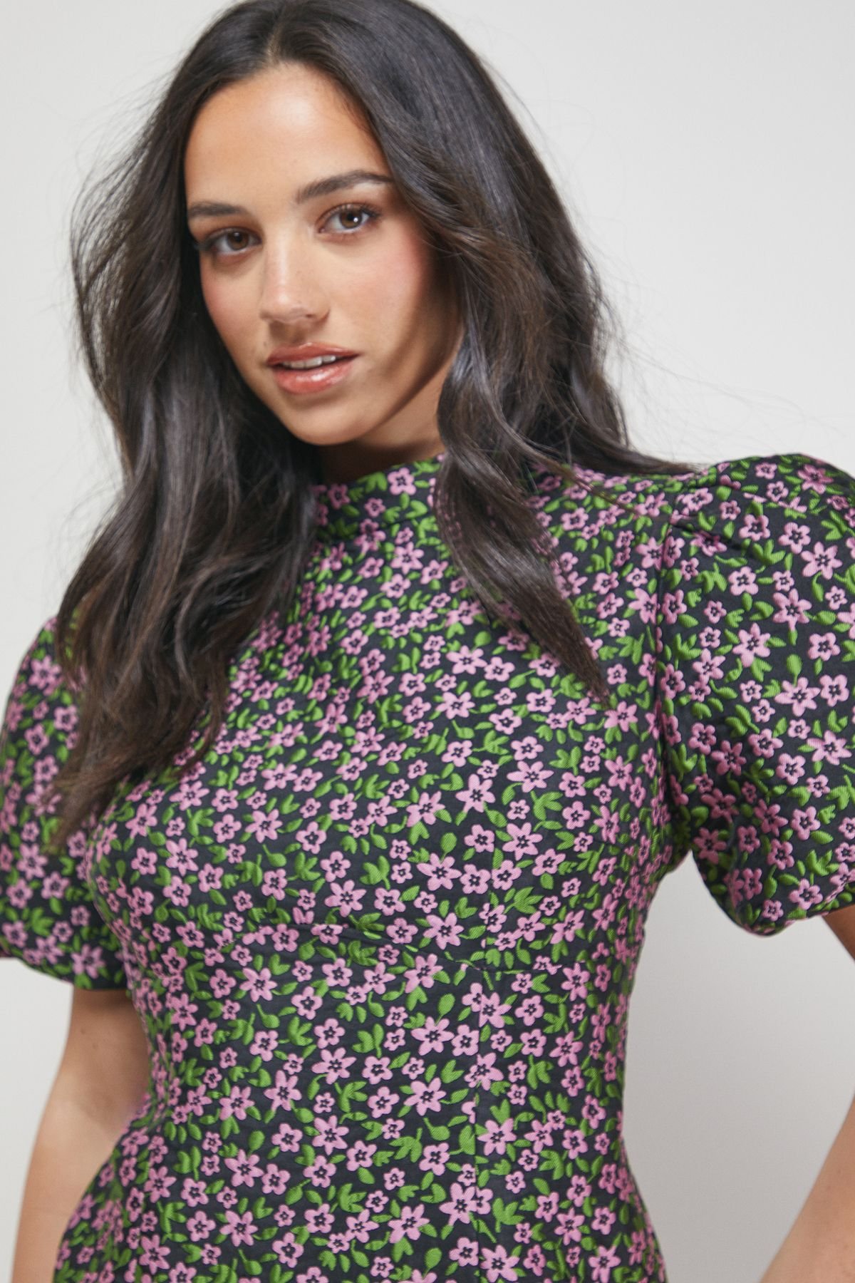 Oasis Oasis Women's Floral Jacquard High Neck Puff Sleeve Peplum Mini Dress in Black - 4