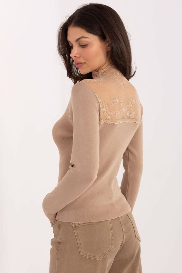 Love Lace Love Lace Women's Fitted Lace Insert Low Turtleneck Blouse in Beige - 3