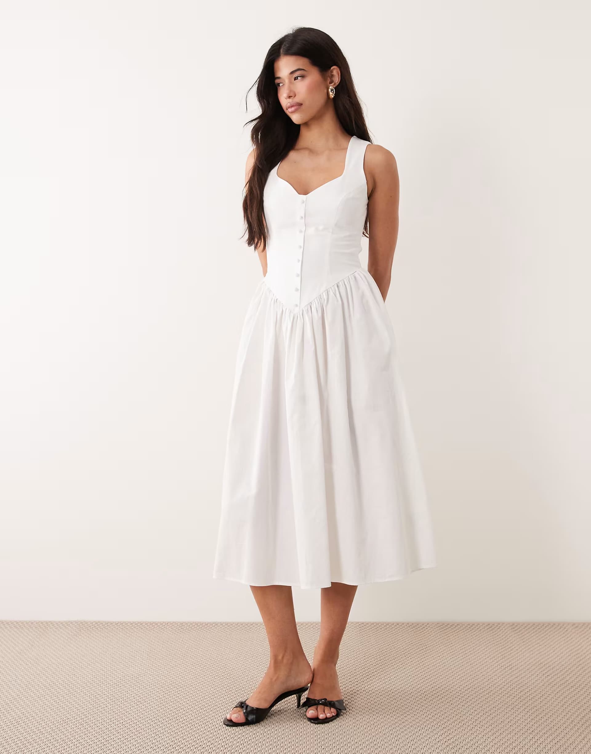 ASOS Kaiia exclusive cotton poplin sweetheart neckline button detail dropped v waist maxi dress in white