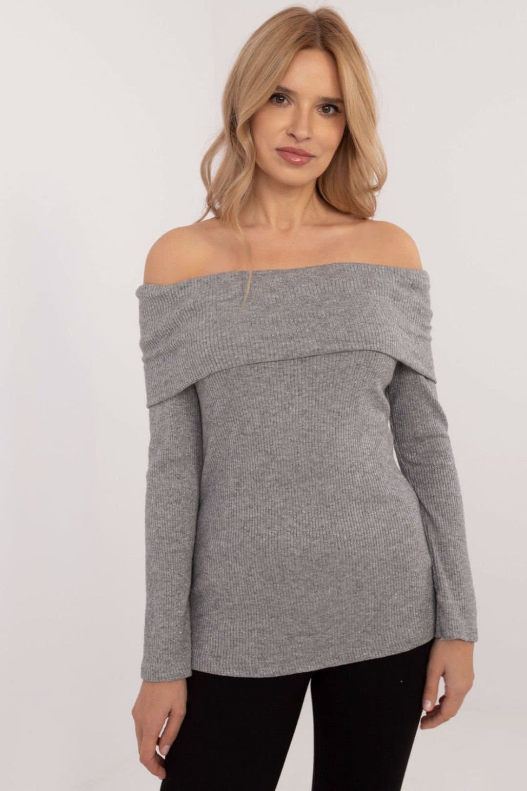 Love Lace Love Lace Women's Off Shoulder Ribbed Viscose Elastane Sweater in Grey