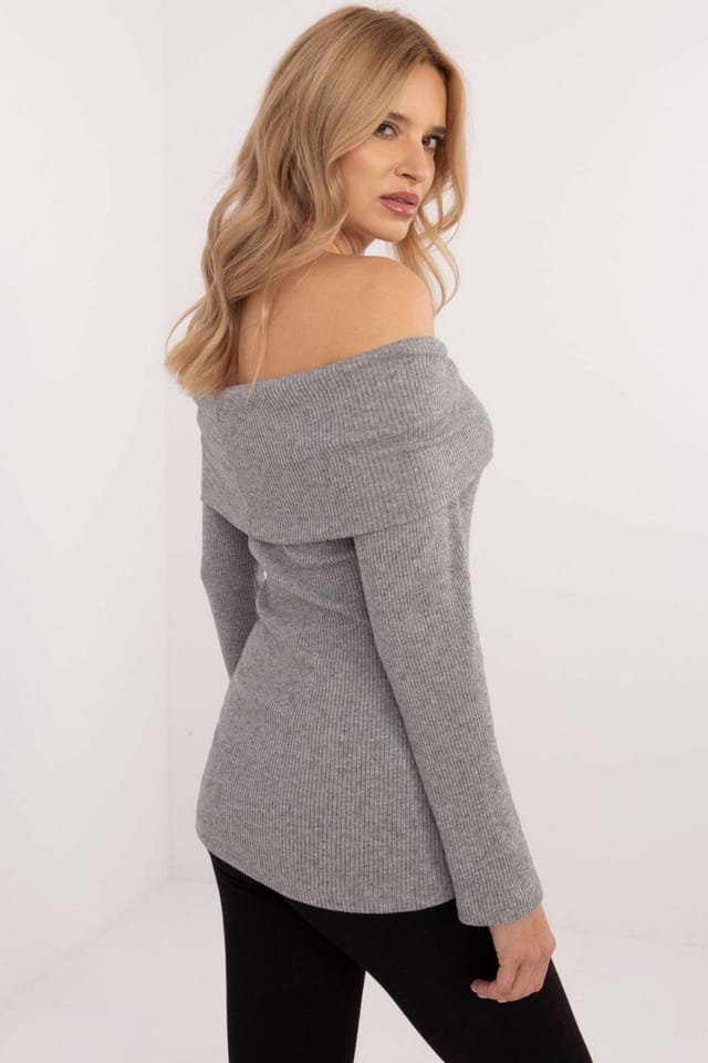 Love Lace Love Lace Women's Off Shoulder Ribbed Viscose Elastane Sweater in Grey - 2