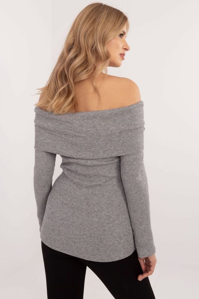 Love Lace Love Lace Women's Off Shoulder Ribbed Viscose Elastane Sweater in Grey - 3
