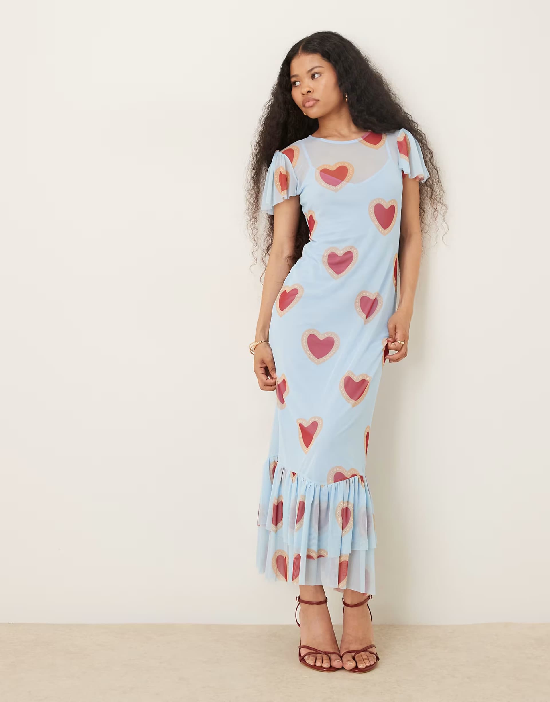 ASOS Never Fully Dressed Petite mesh flutter sleeve ruffle hem maxi dress in baby blue heart print