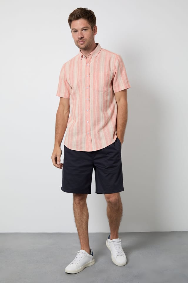 Maine Maine Men's Peach Textured Stripes Short Sleeve Button Down Shirt - 2
