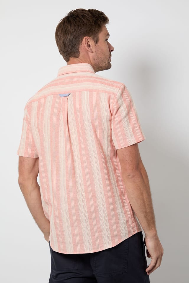 Maine Maine Men's Peach Textured Stripes Short Sleeve Button Down Shirt - 3