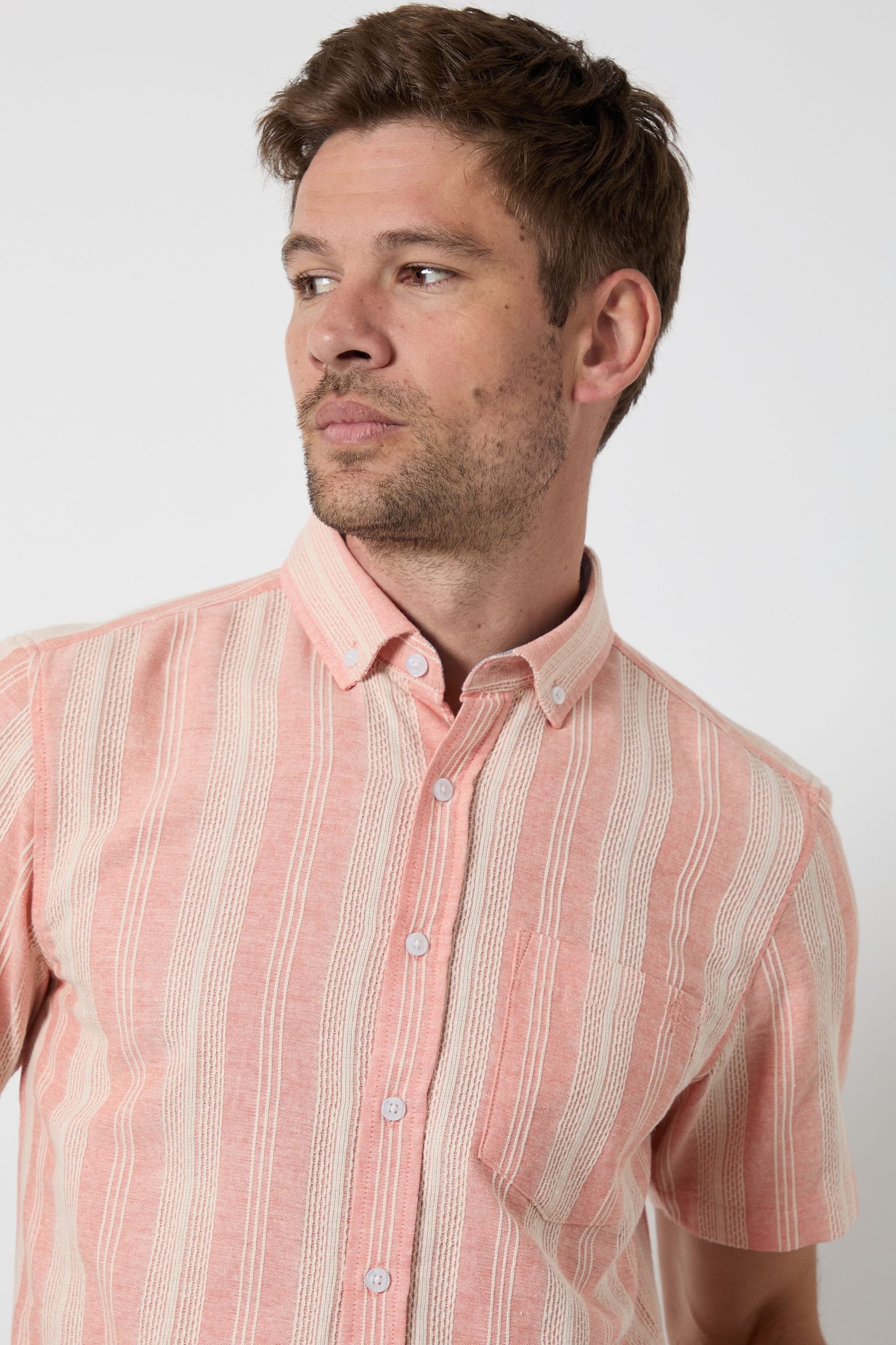 Maine Maine Men's Peach Textured Stripes Short Sleeve Button Down Shirt - 4
