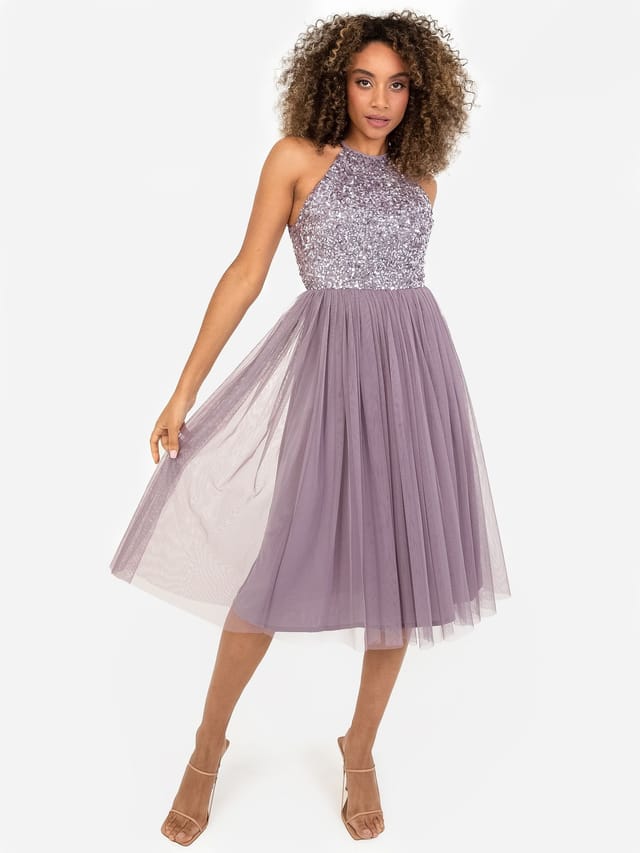 Maya Deluxe Maya Deluxe Women's Embellished Halter Neck Midi Dress in Lilac - 2