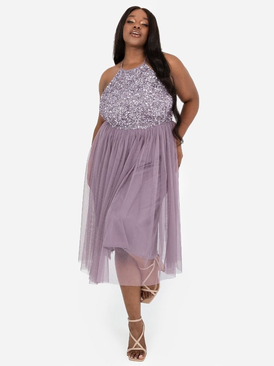 Maya Deluxe Maya Deluxe Women's Embellished Halter Neck Midi Dress in Lilac - 3