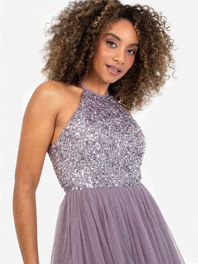 Maya Deluxe Maya Deluxe Women's Embellished Halter Neck Midi Dress in Lilac - 3